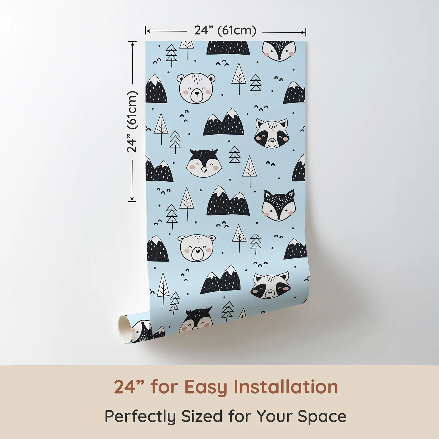 Dimension view of Whimsy Tots Woodland Peekaboo Friends Wallpaper in Blue (W3451E). Printed in 24-inch-wide panel for easy installation. Smiling woodland animals peek through trees and snowy peaks under a blue sky.