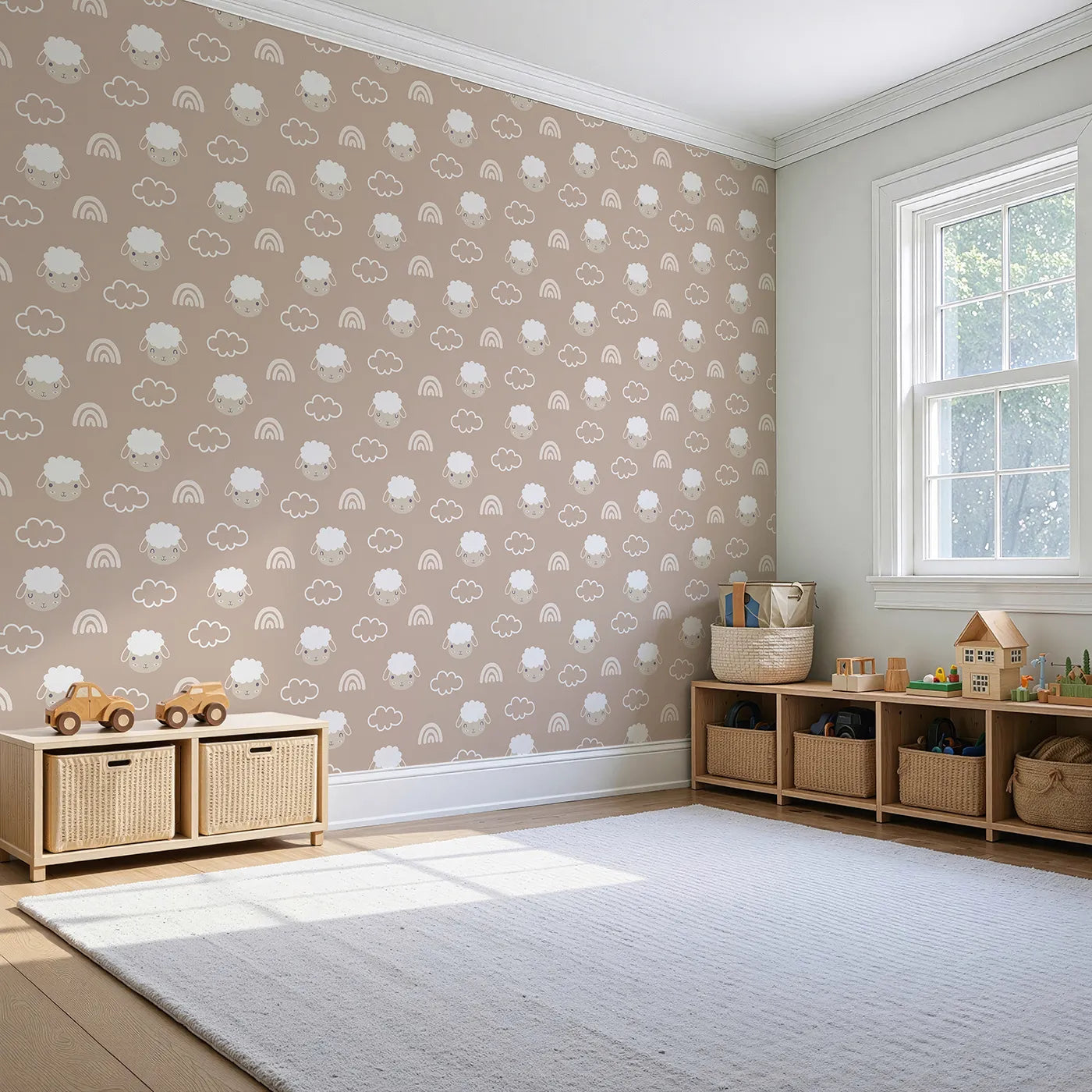 Angled view of Whimsy Tots' Sleepy Lamb Skies Wallpaper in Taupe Beige (W3452A).Smiling lambs, clouds, and rainbows float across a cozy taupe sky.