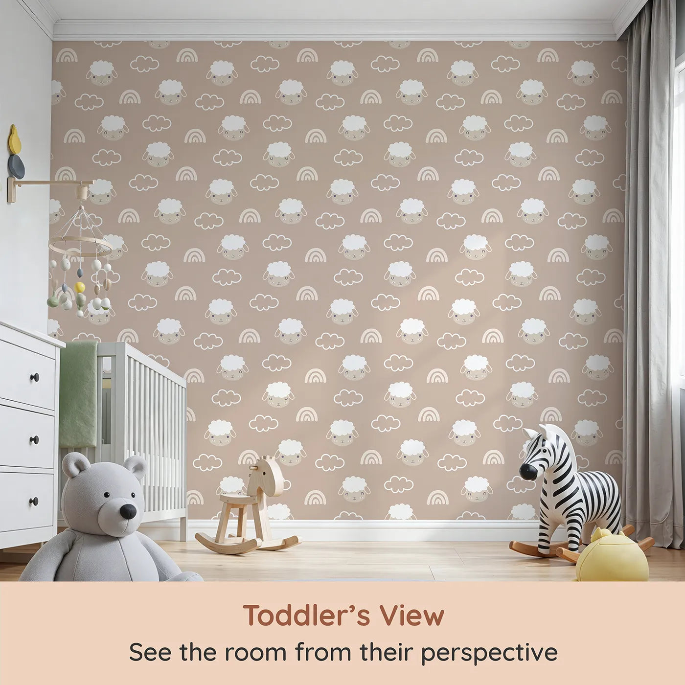 Whimsy Tots Sleepy Lamb Skies Wallpaper in Taupe Beige (W3452A) from your child's view.Smiling lambs, clouds, and rainbows float across a cozy taupe sky.