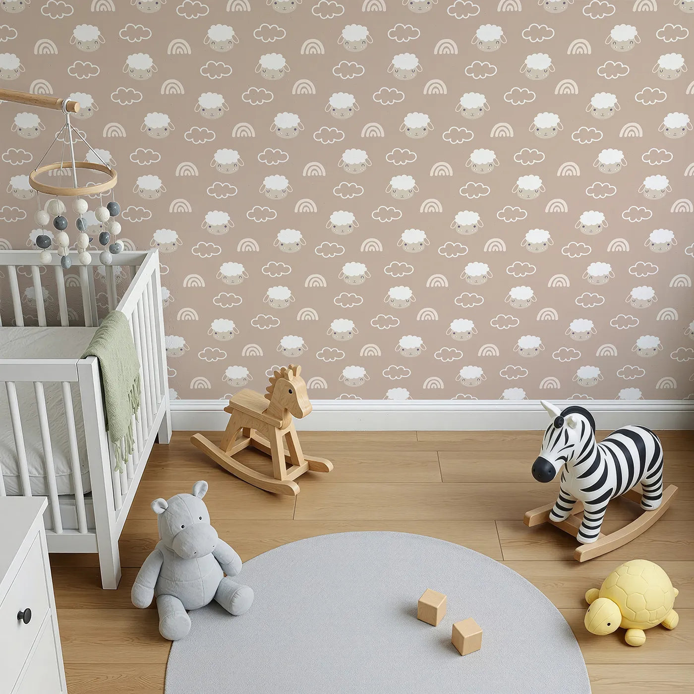Top-Down view of Whimsy Tots' Sleepy Lamb Skies Wallpaper in Taupe Beige (W3452A).Smiling lambs, clouds, and rainbows float across a cozy taupe sky.