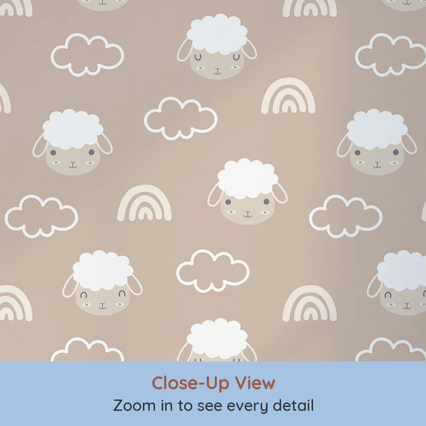 Close-up view of Whimsy Tots' Sleepy Lamb Skies Wallpaper in Taupe Beige (W3452A).Smiling lambs, clouds, and rainbows float across a cozy taupe sky.