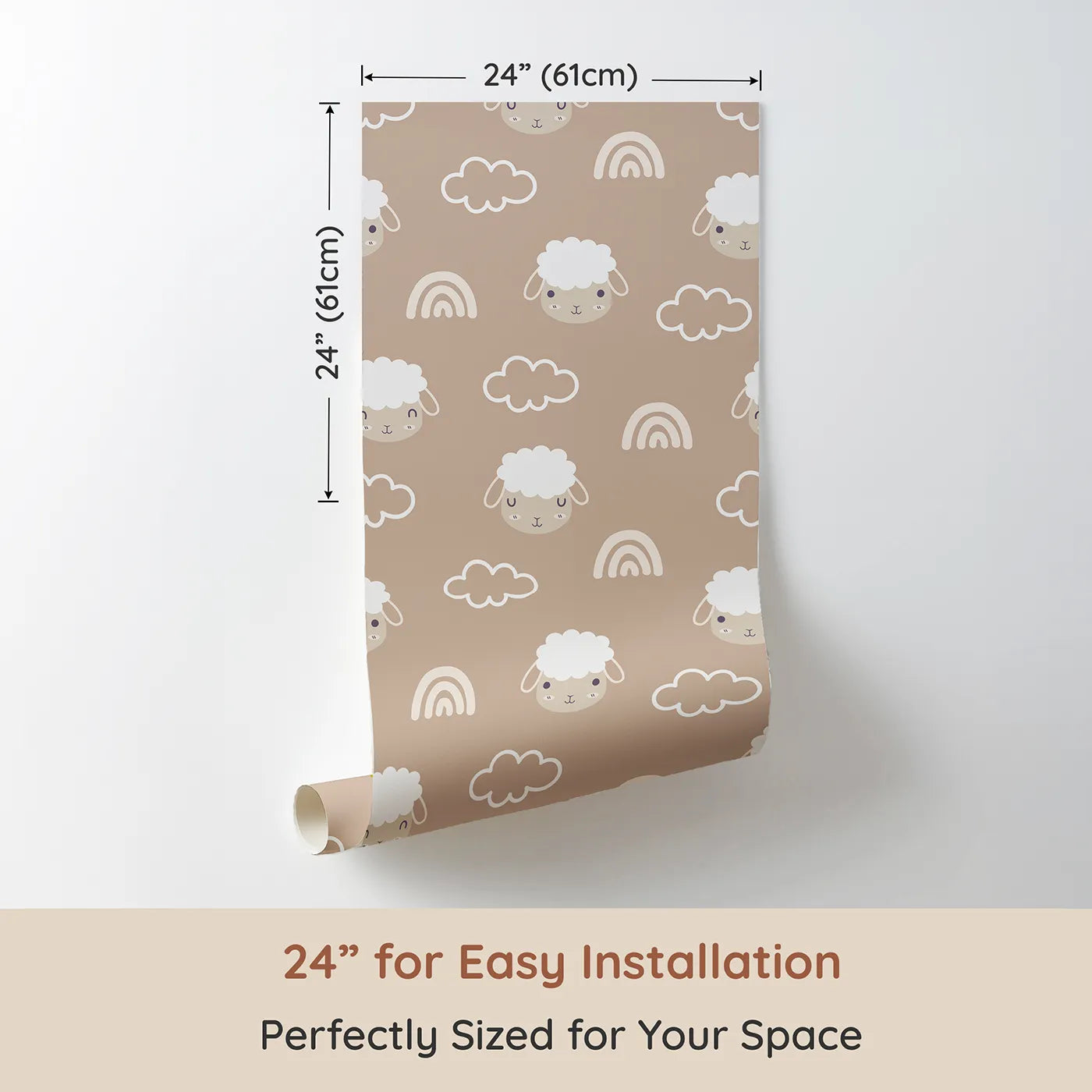 Dimension view of Whimsy Tots Sleepy Lamb Skies Wallpaper in Taupe Beige (W3452A). Printed in 24-inch-wide panel for easy installation. Smiling lambs, clouds, and rainbows float across a cozy taupe sky.