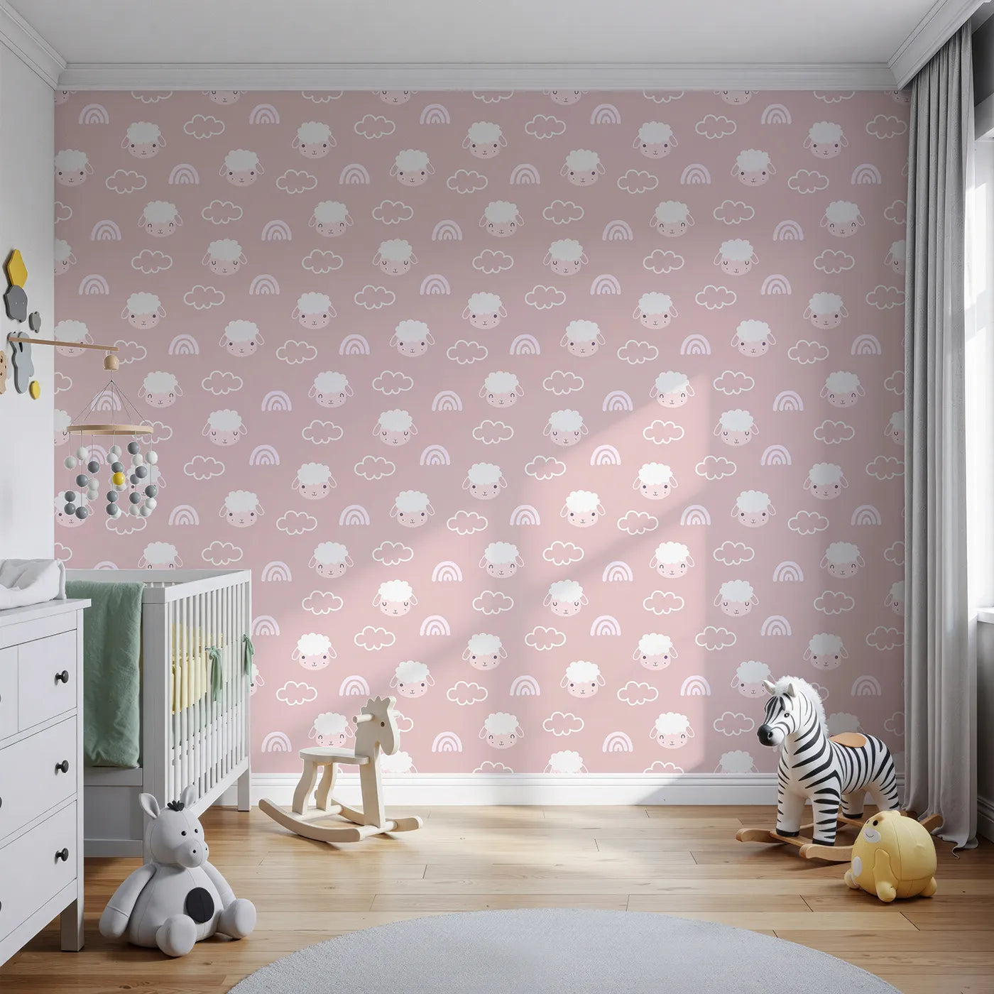 Front view of Whimsy Tots' Sleepy Lamb Skies Wallpaper in Rose Pink