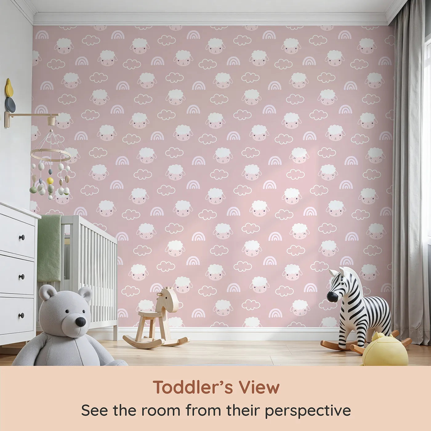Whimsy Tots Sleepy Lamb Skies Wallpaper in Rose Pink (W3452B) from your child's view.Fluffy sheep and dreamy rainbows drift across a soft rose sky.