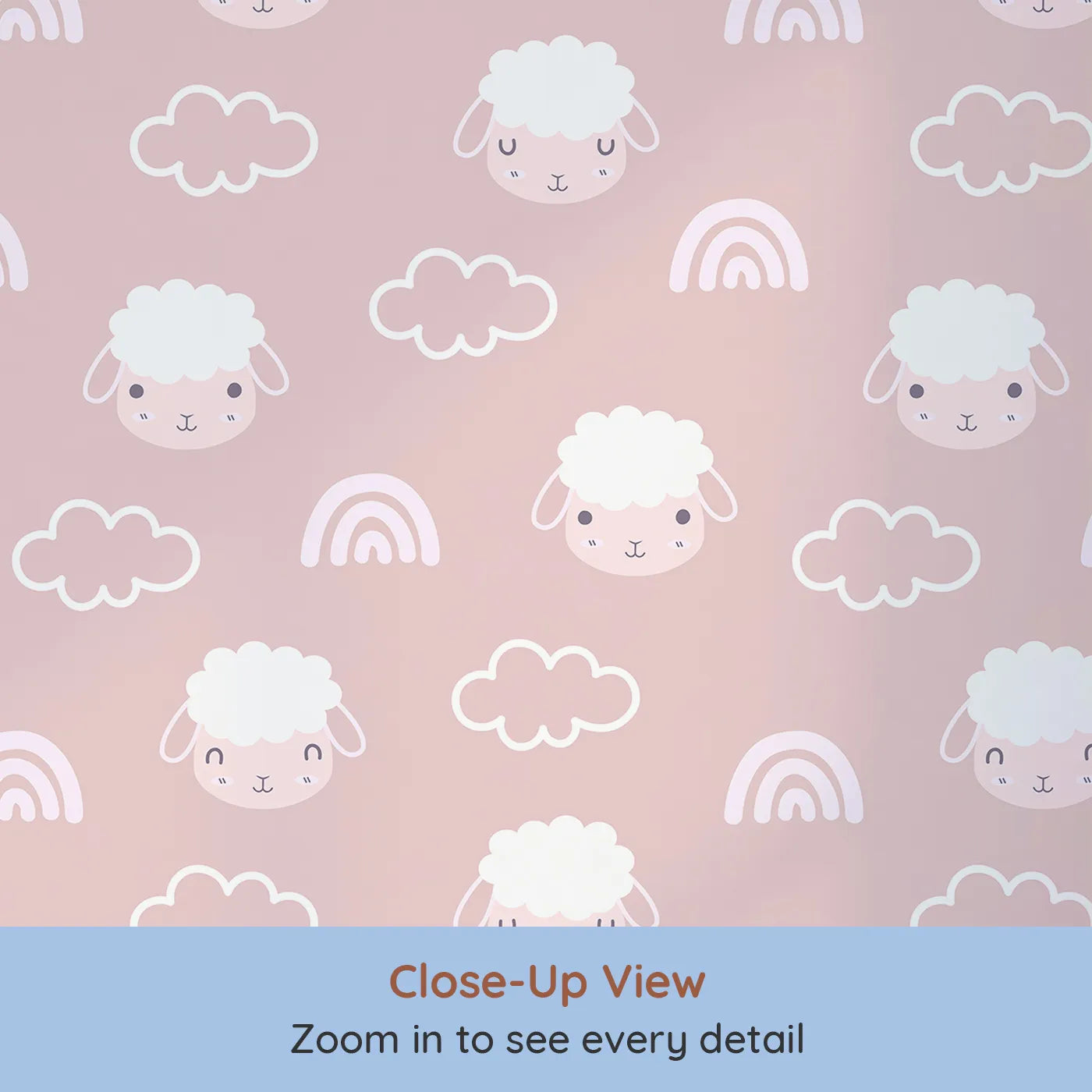Close-up view of Whimsy Tots' Sleepy Lamb Skies Wallpaper in Rose Pink (W3452B).Fluffy sheep and dreamy rainbows drift across a soft rose sky.