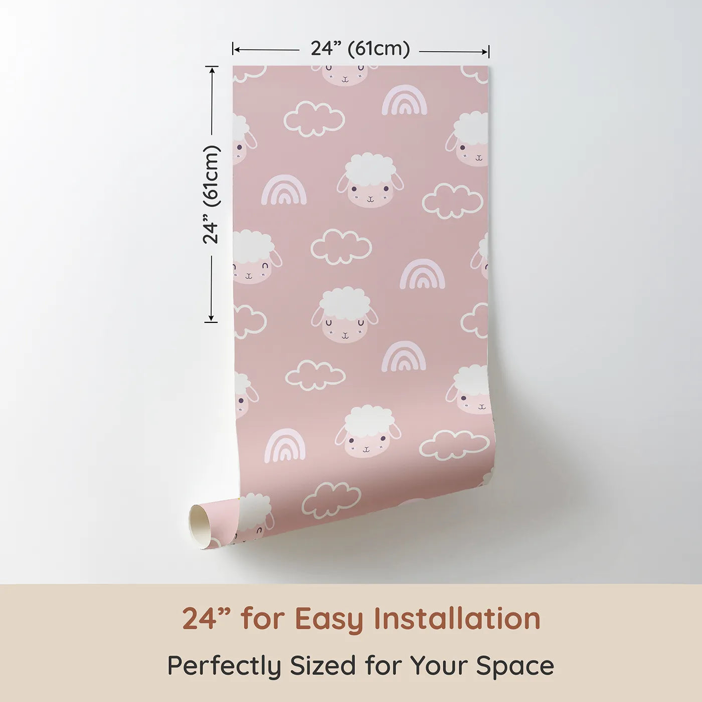 Dimension view of Whimsy Tots Sleepy Lamb Skies Wallpaper in Rose Pink (W3452B). Printed in 24-inch-wide panel for easy installation. Fluffy sheep and dreamy rainbows drift across a soft rose sky.