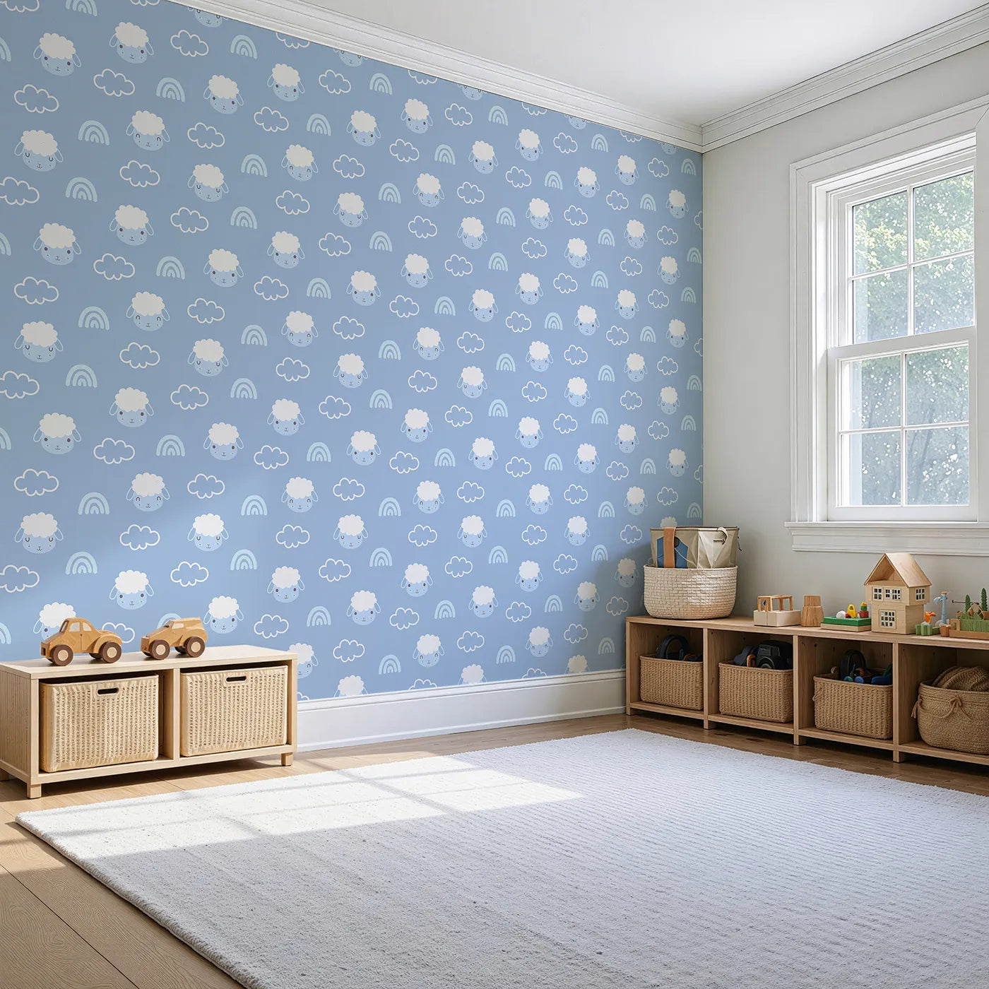 Angled view of Whimsy Tots' Sleepy Lamb Skies Wallpaper in Sky Blue (W3452C).Fluffy lambs, clouds, and rainbows drift across a peaceful sky blue backdrop.