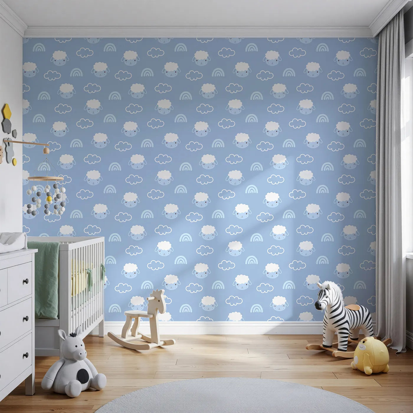 Front view of Whimsy Tots' Sleepy Lamb Skies Wallpaper in Sky Blue