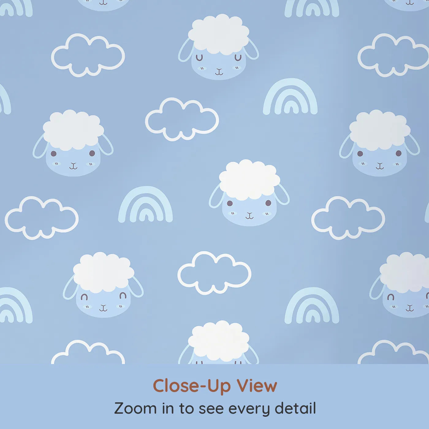 Close-up view of Whimsy Tots' Sleepy Lamb Skies Wallpaper in Sky Blue (W3452C).Fluffy lambs, clouds, and rainbows drift across a peaceful sky blue backdrop.