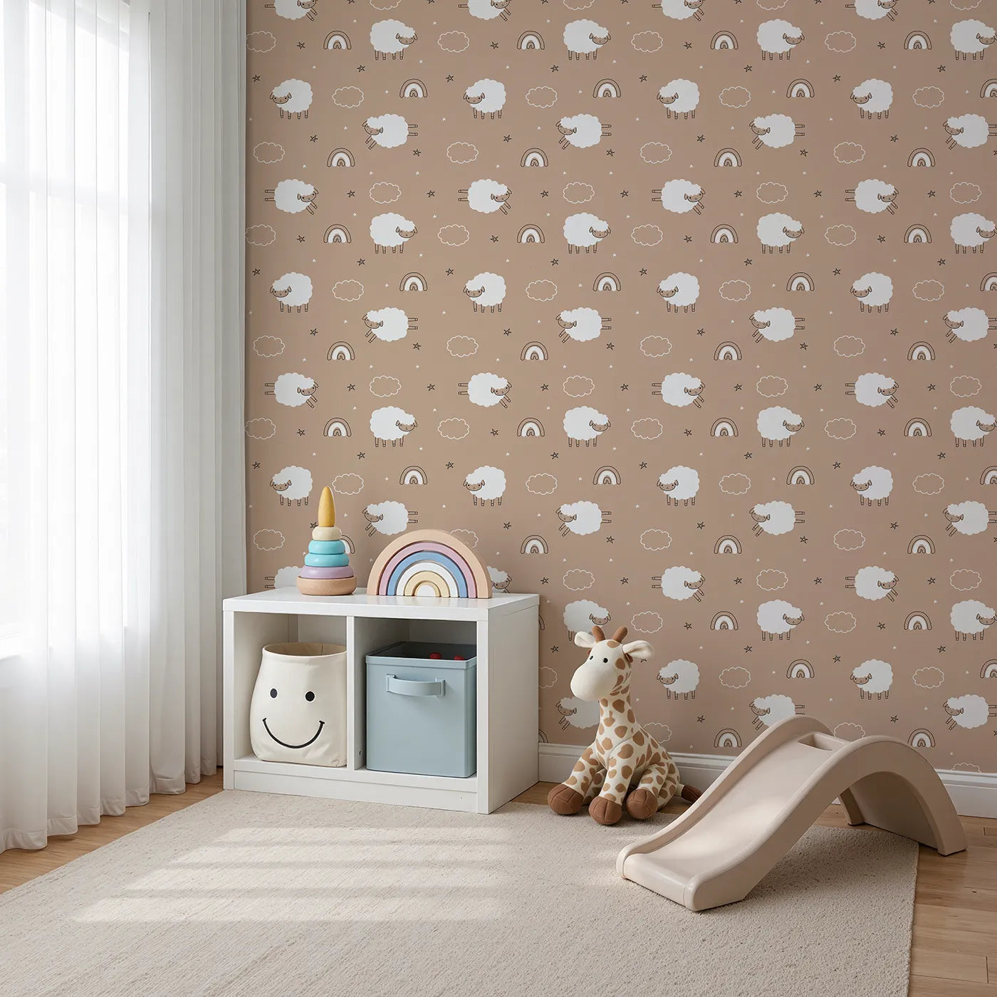 Angled view of Whimsy Tots' Sleepy Meadow Parade Wallpaper in Mocha (W3453A).Playful lambs, rainbows, and clouds dance across a warm mocha sky.