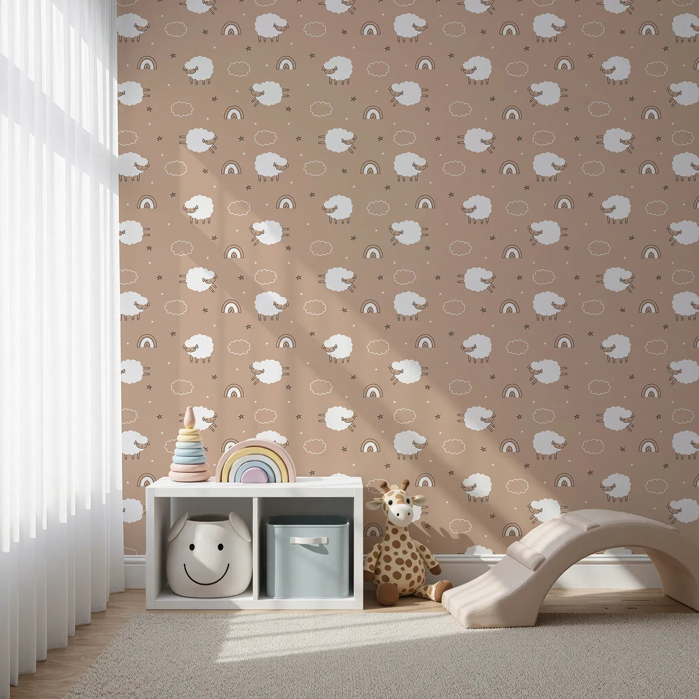 Front view of Whimsy Tots' Sleepy Meadow Parade Wallpaper in Mocha