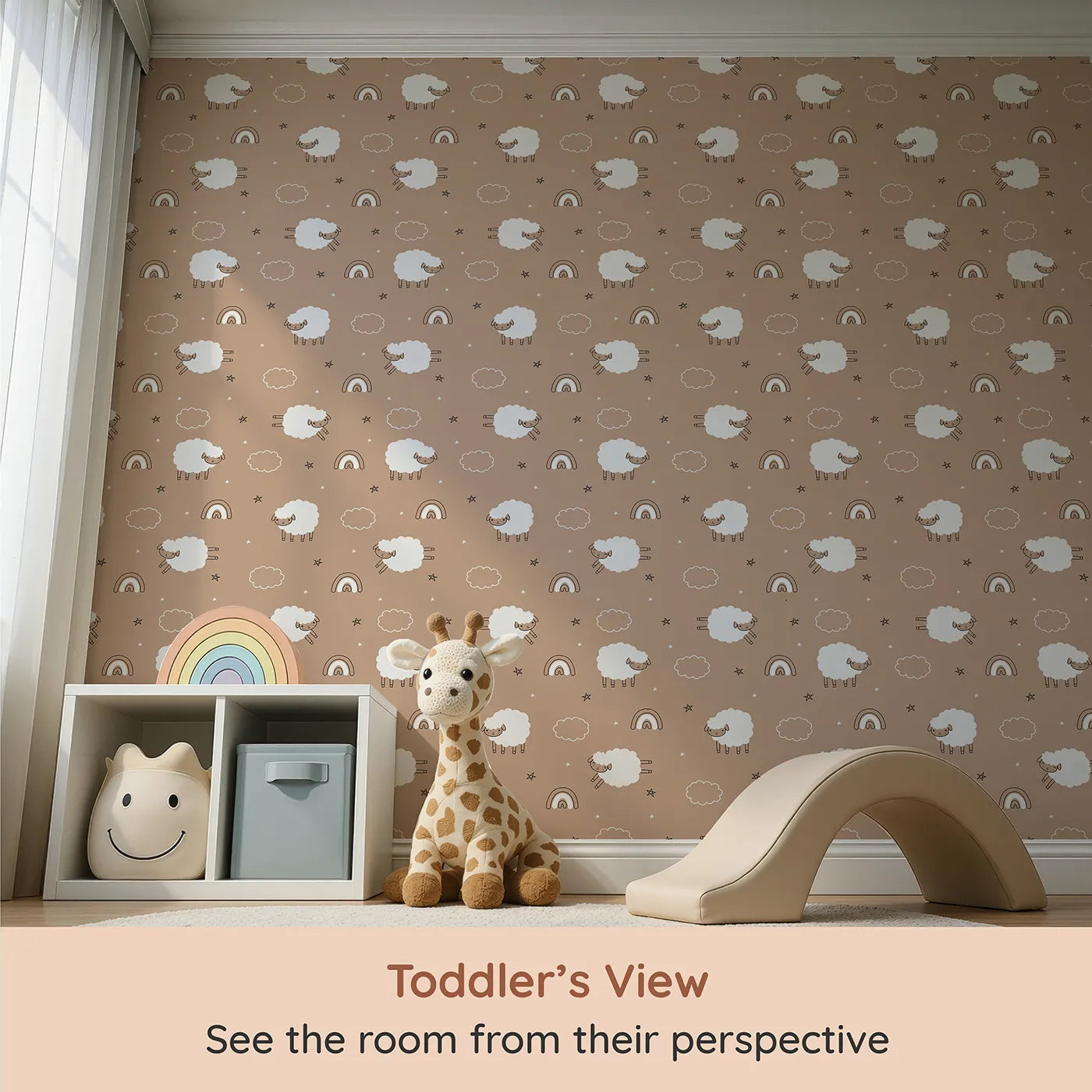 Whimsy Tots Sleepy Meadow Parade Wallpaper in Mocha (W3453A) from your child's view.Playful lambs, rainbows, and clouds dance across a warm mocha sky.