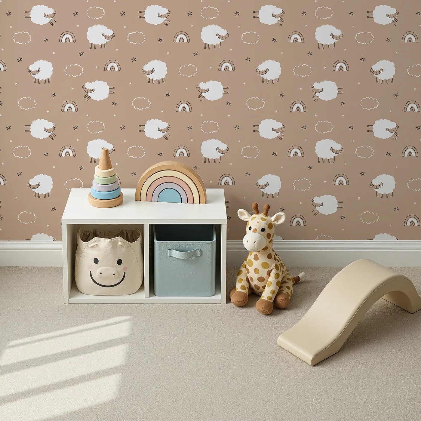 Top-Down view of Whimsy Tots' Sleepy Meadow Parade Wallpaper in Mocha (W3453A).Playful lambs, rainbows, and clouds dance across a warm mocha sky.