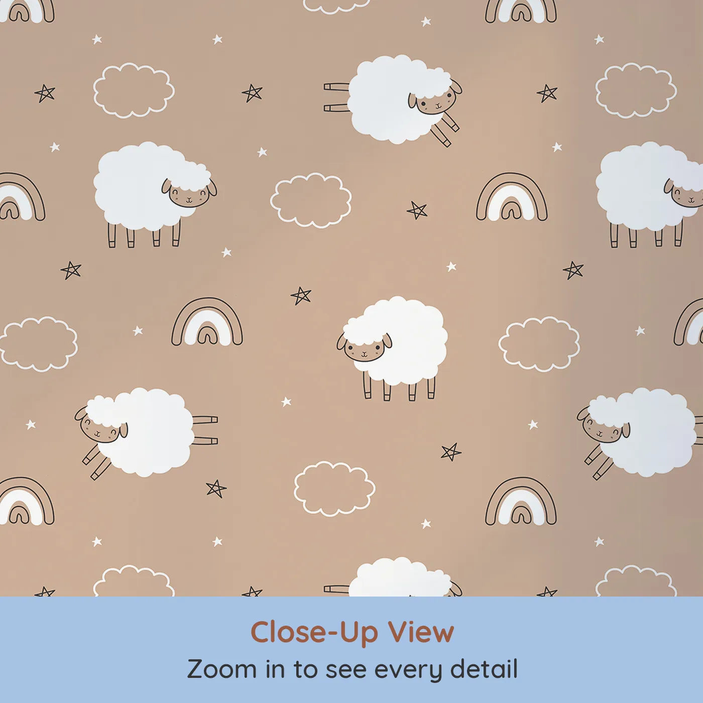Close-up view of Whimsy Tots' Sleepy Meadow Parade Wallpaper in Mocha (W3453A).Playful lambs, rainbows, and clouds dance across a warm mocha sky.