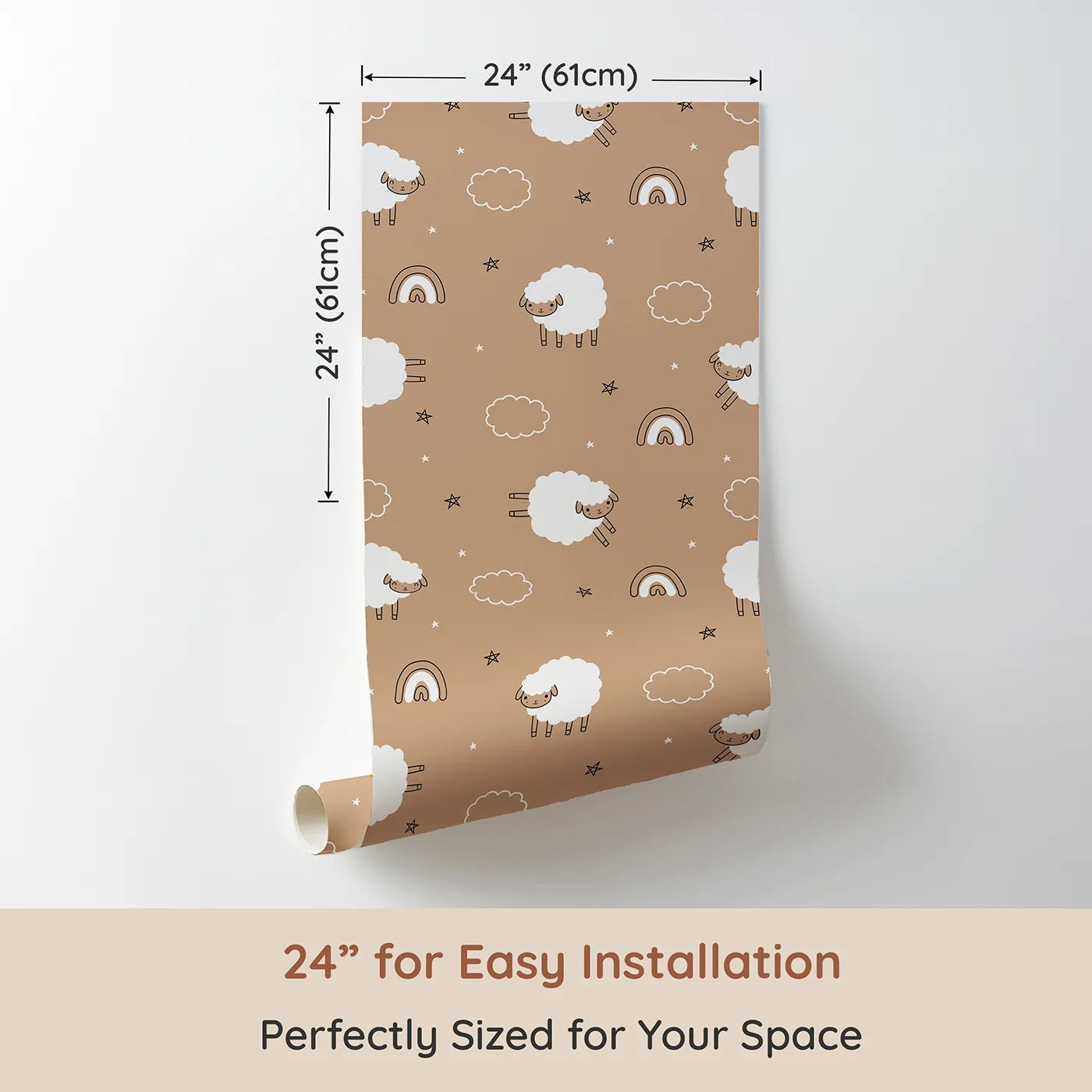 Dimension view of Whimsy Tots Sleepy Meadow Parade Wallpaper in Mocha (W3453A). Printed in 24-inch-wide panel for easy installation. Playful lambs, rainbows, and clouds dance across a warm mocha sky.