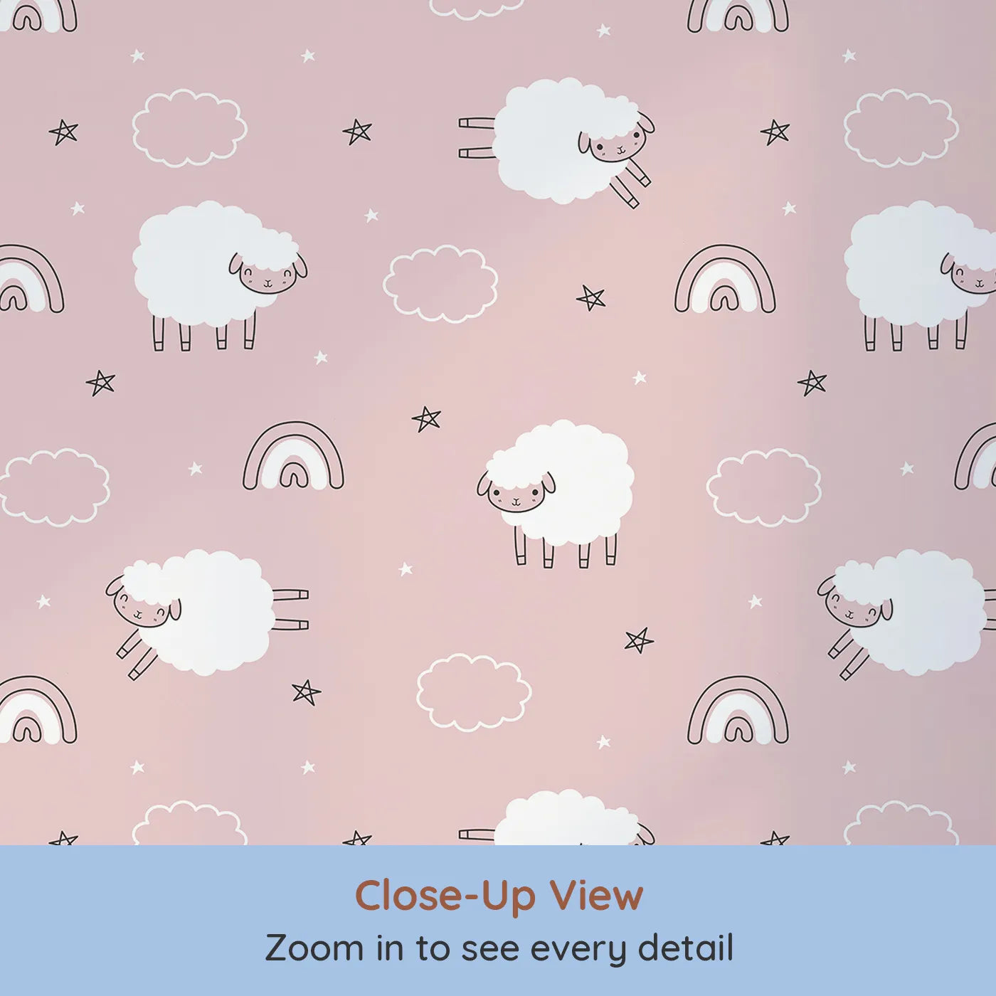 Close-up view of Whimsy Tots' Sleepy Meadow Parade Wallpaper in Rose Blush Pink (W3453B).Cuddly sheep float among clouds, rainbows, and stars on a dreamy rose background.
