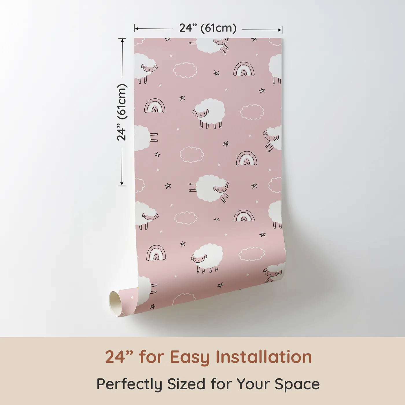 Dimension view of Whimsy Tots Sleepy Meadow Parade Wallpaper in Rose Blush Pink (W3453B). Printed in 24-inch-wide panel for easy installation. Cuddly sheep float among clouds, rainbows, and stars on a dreamy rose background.