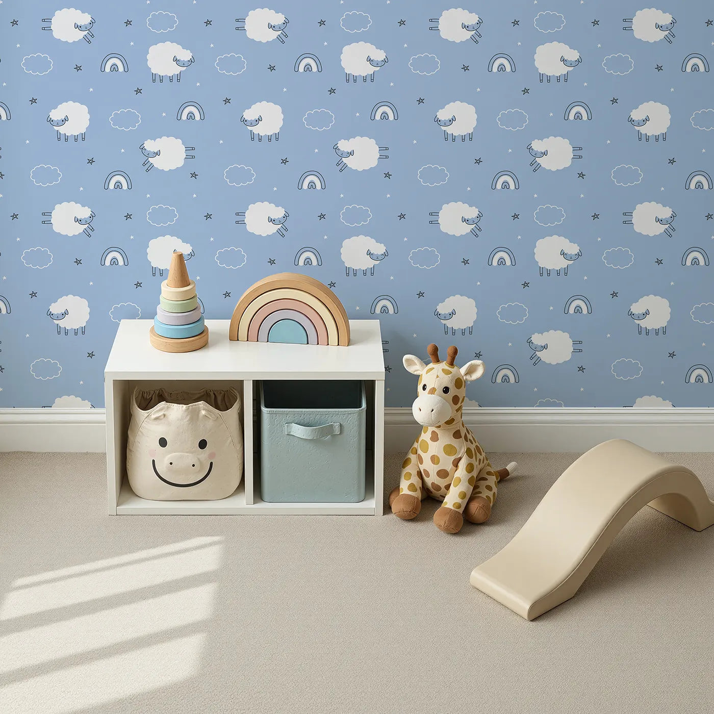 Top-Down view of Whimsy Tots' Sleepy Meadow Parade Wallpaper in Sky Blue (W3453C).Bouncy lambs, fluffy clouds, and stars float across a calm blue sky.