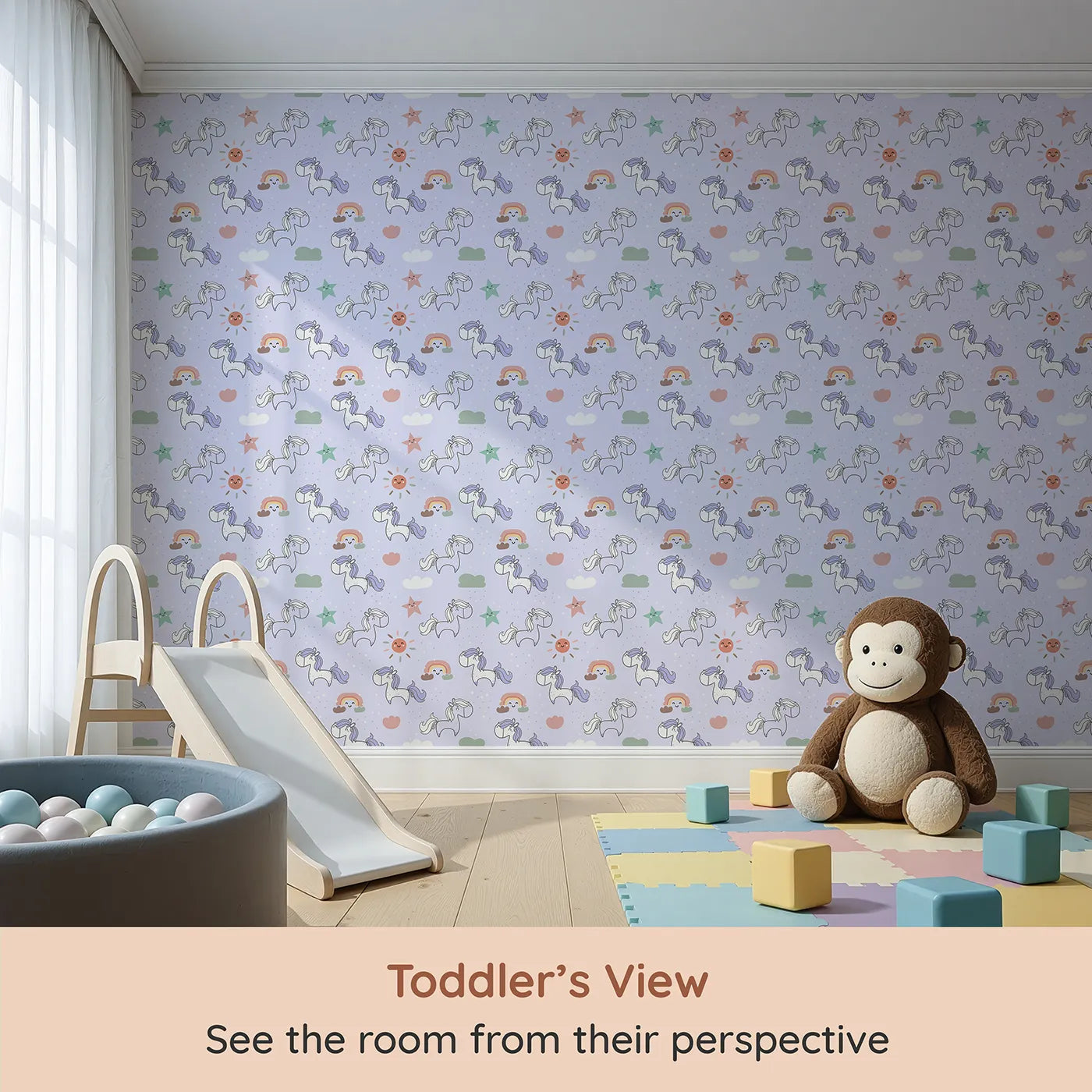 Whimsy Tots Starry Pony Parade Wallpaper in Lilac Sky Lavender (W3454B) from your child's view.Sweet ponies and smiling stars parade across a soft purple sky.