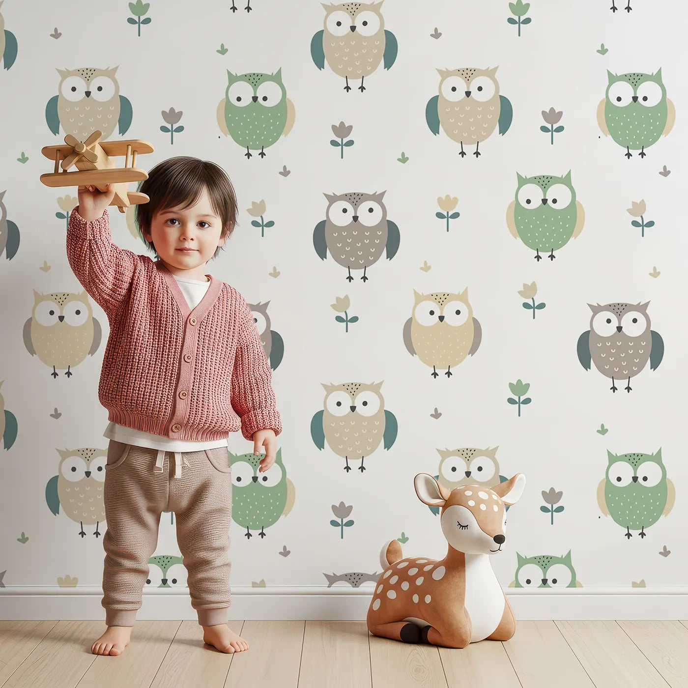Lovely child standing in front of Whimsy Tots Gentle Owl Garden Wallpaper in White with owl, flower, leaf in design.