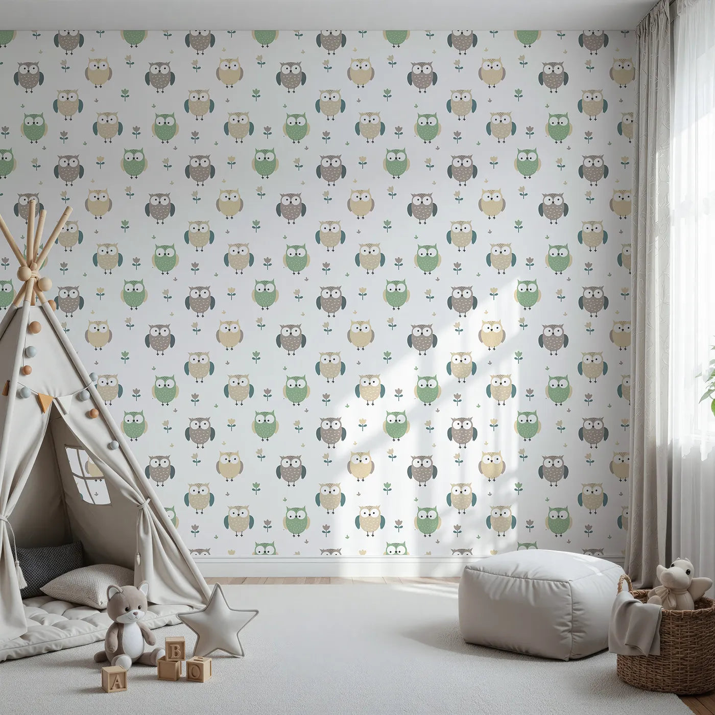 Front view of Whimsy Tots' Gentle Owl Garden Wallpaper in White