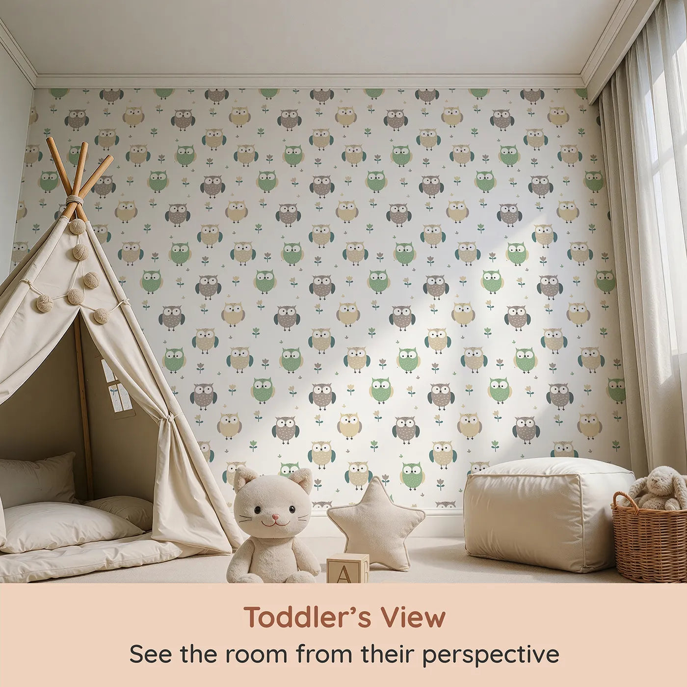 Whimsy Tots Gentle Owl Garden Wallpaper in White (W3455A) from your child's view.Friendly owls perch among soft blooms on a clean white sky.