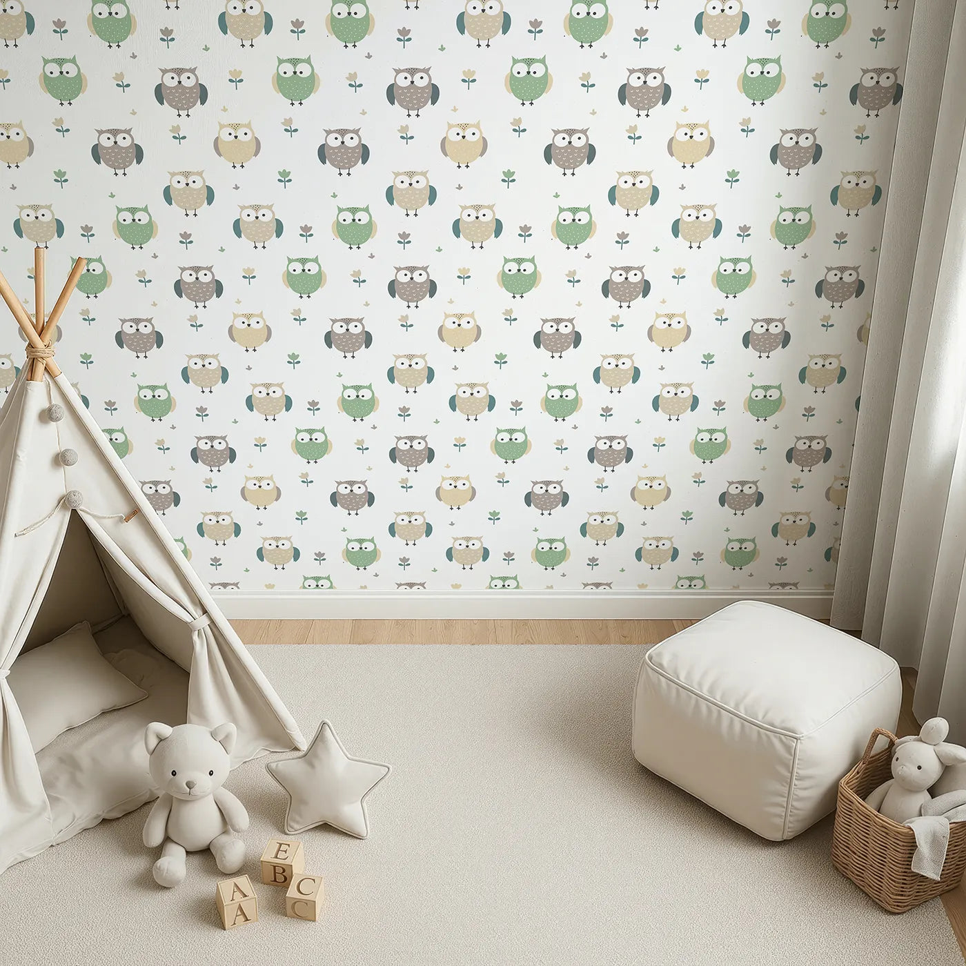 Top-Down view of Whimsy Tots' Gentle Owl Garden Wallpaper in White (W3455A).Friendly owls perch among soft blooms on a clean white sky.