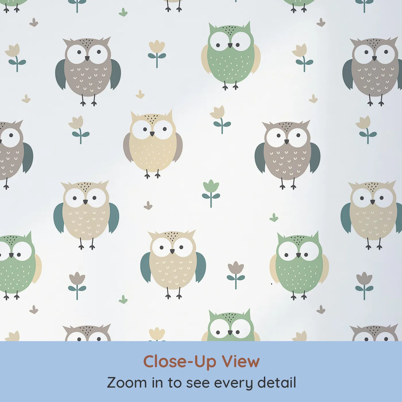 Close-up view of Whimsy Tots' Gentle Owl Garden Wallpaper in White (W3455A).Friendly owls perch among soft blooms on a clean white sky.