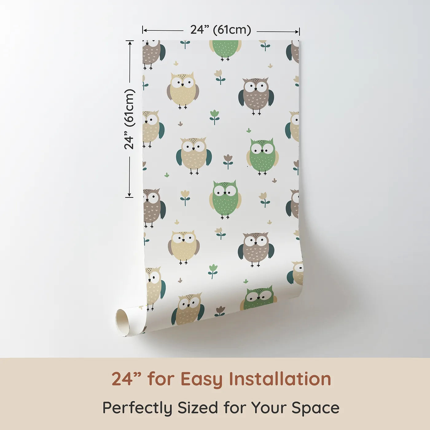 Dimension view of Whimsy Tots Gentle Owl Garden Wallpaper in White (W3455A). Printed in 24-inch-wide panel for easy installation. Friendly owls perch among soft blooms on a clean white sky.