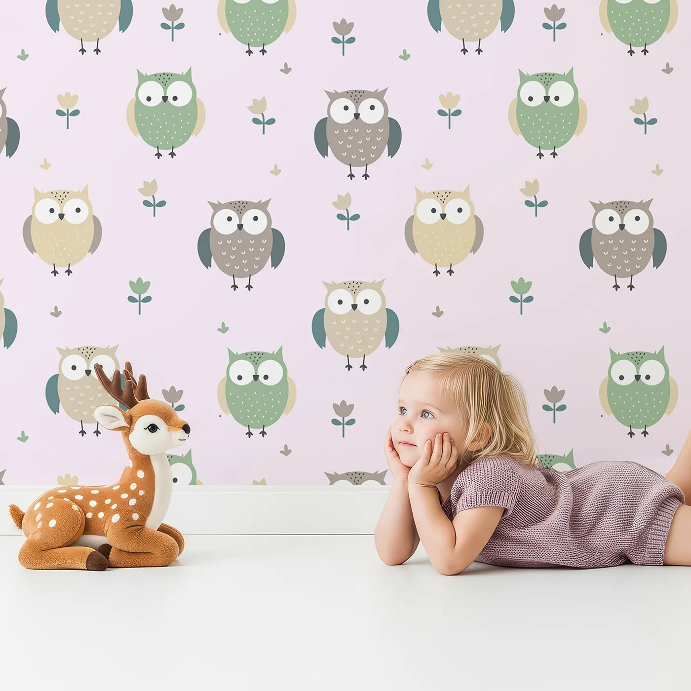 Lovely child standing in front of Whimsy Tots Gentle Owl Garden Wallpaper in Soft Blush Pink with owl, flower, leaf in design.