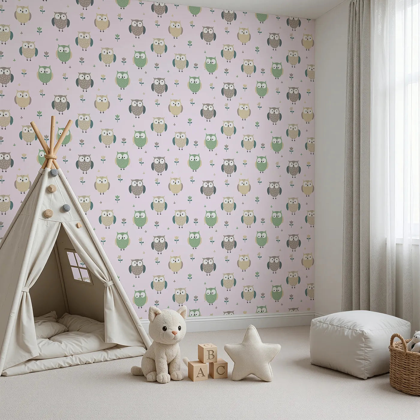 Angled view of Whimsy Tots' Gentle Owl Garden Wallpaper in Soft Blush Pink (W3455B).Sweet owls and flowers bloom across a soft blush pink sky.