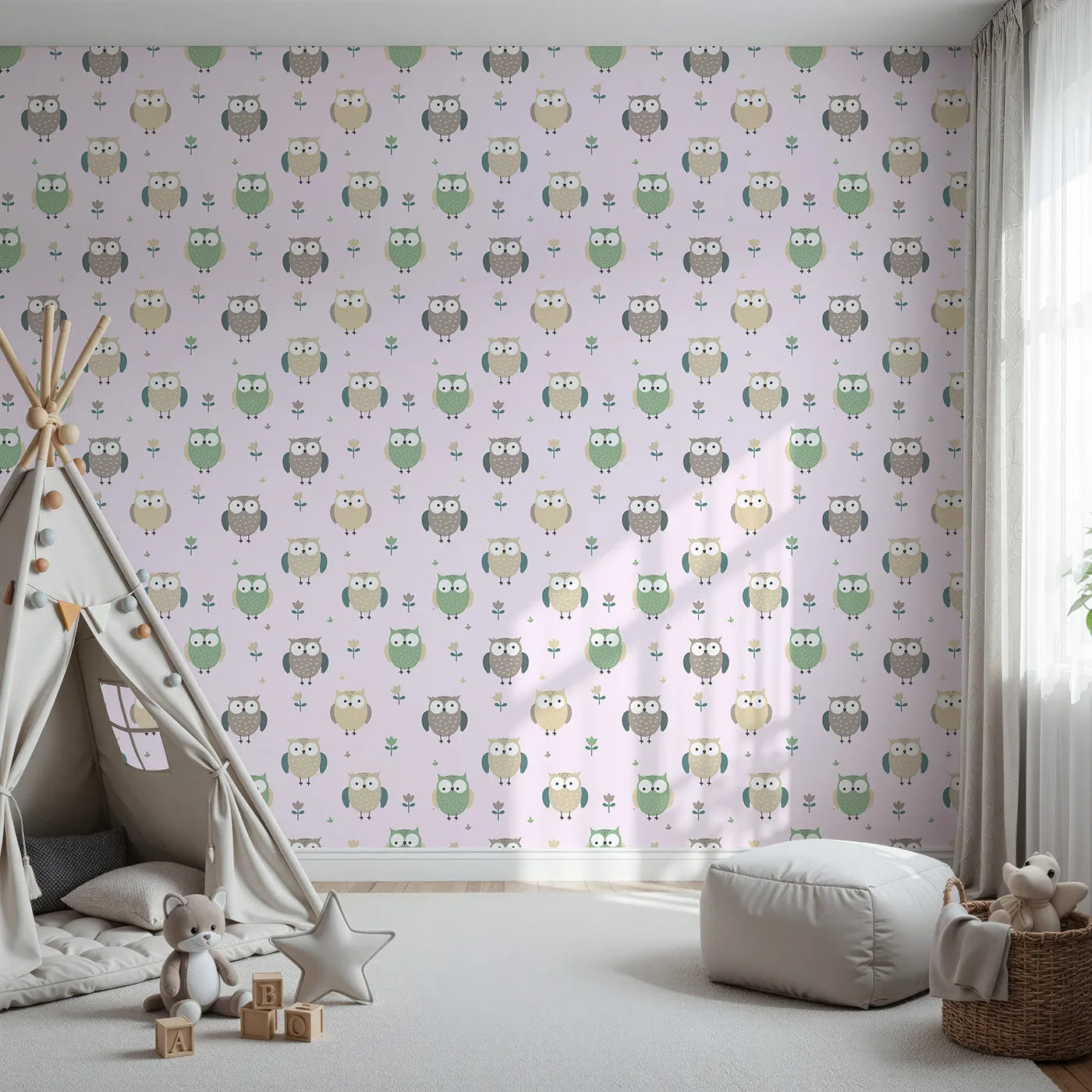 Front view of Whimsy Tots' Gentle Owl Garden Wallpaper in Soft Blush Pink