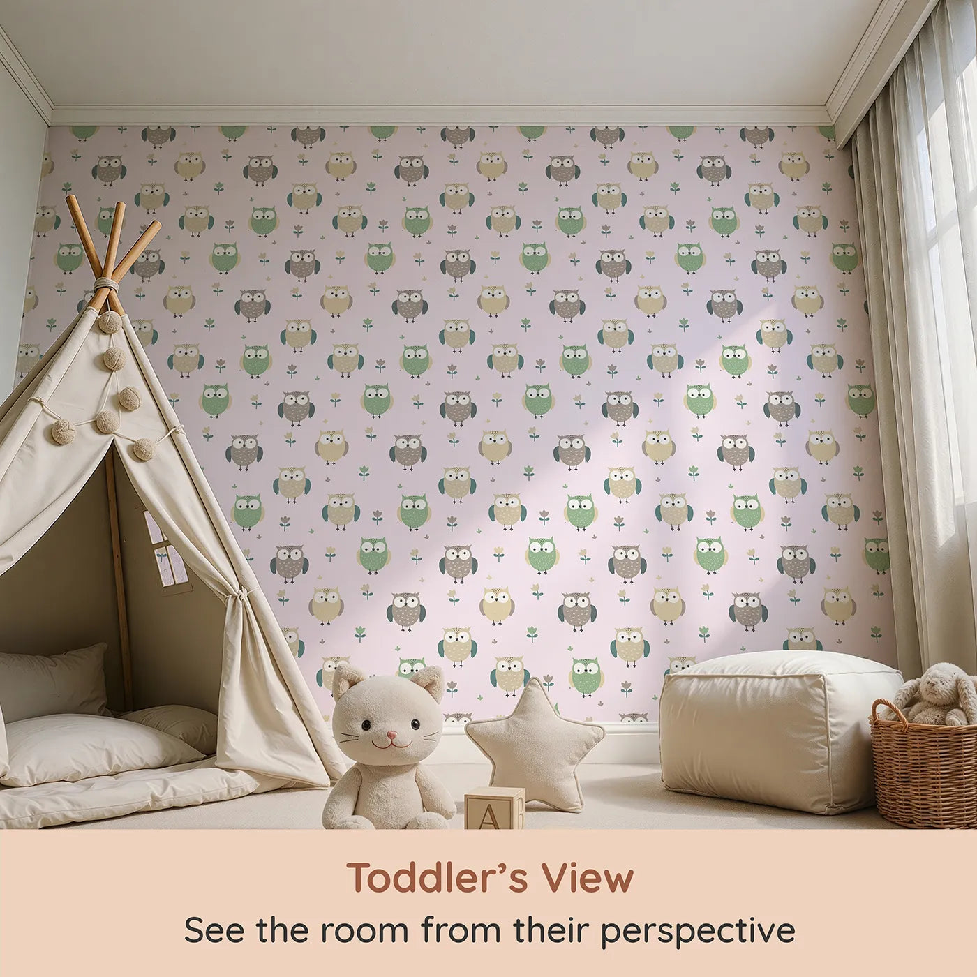 Whimsy Tots Gentle Owl Garden Wallpaper in Soft Blush Pink (W3455B) from your child's view.Sweet owls and flowers bloom across a soft blush pink sky.