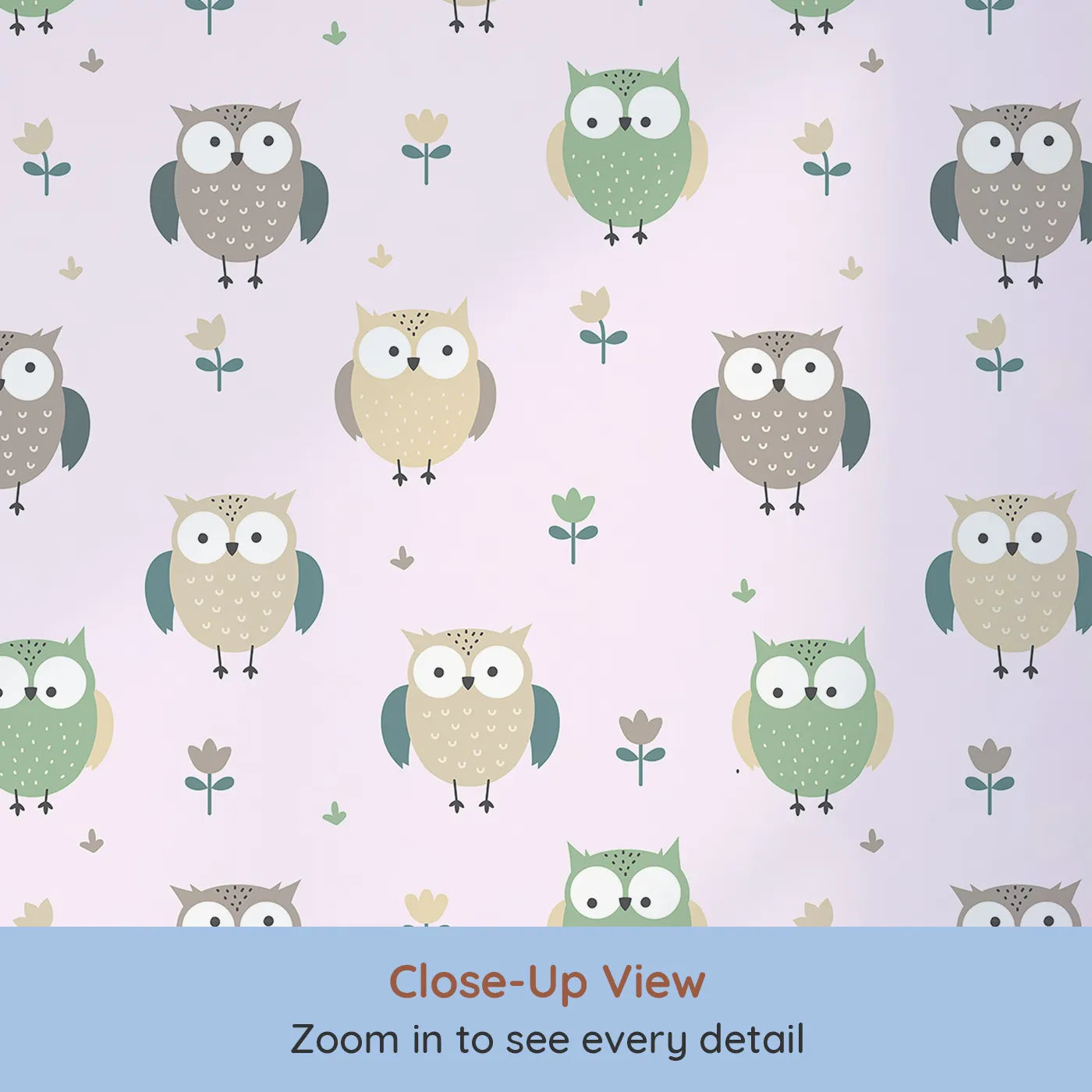 Close-up view of Whimsy Tots' Gentle Owl Garden Wallpaper in Soft Blush Pink (W3455B).Sweet owls and flowers bloom across a soft blush pink sky.