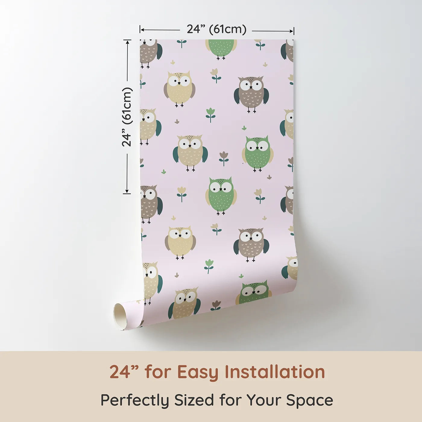 Dimension view of Whimsy Tots Gentle Owl Garden Wallpaper in Soft Blush Pink (W3455B). Printed in 24-inch-wide panel for easy installation. Sweet owls and flowers bloom across a soft blush pink sky.