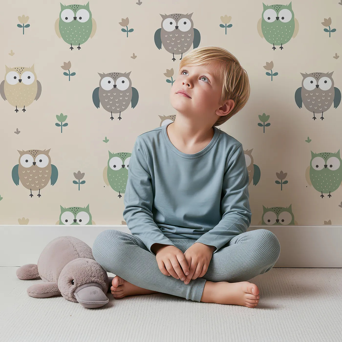 Lovely child standing in front of Whimsy Tots Gentle Owl Garden Wallpaper in Warm Cream with owl, flower, leaf in design.