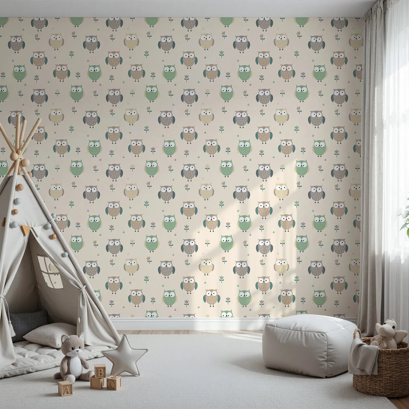 Front view of Whimsy Tots' Gentle Owl Garden Wallpaper in Warm Cream
