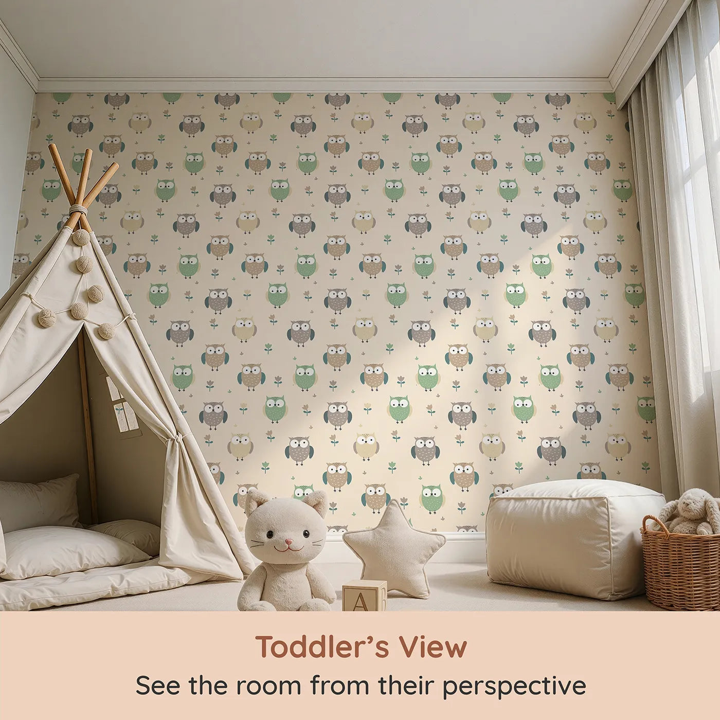 Whimsy Tots Gentle Owl Garden Wallpaper in Warm Cream (W3455C) from your child's view.Friendly owls and soft florals perch across a cozy cream sky.