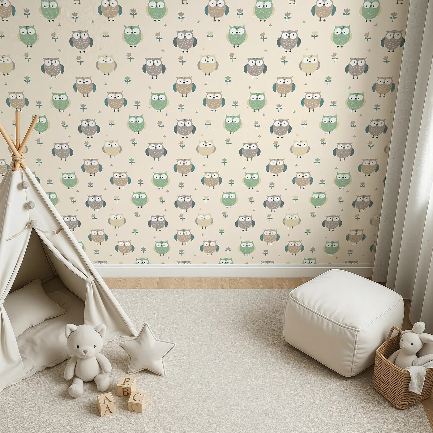 Top-Down view of Whimsy Tots' Gentle Owl Garden Wallpaper in Warm Cream (W3455C).Friendly owls and soft florals perch across a cozy cream sky.