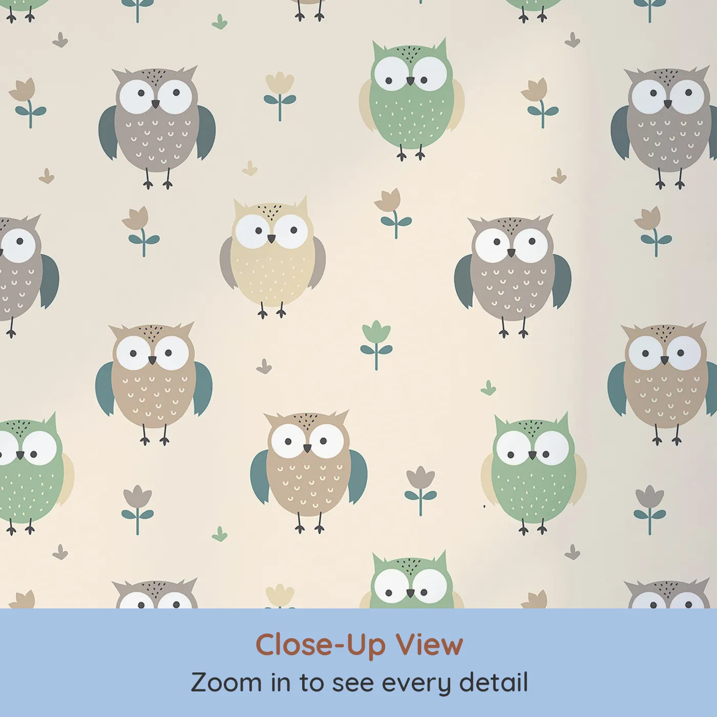 Close-up view of Whimsy Tots' Gentle Owl Garden Wallpaper in Warm Cream (W3455C).Friendly owls and soft florals perch across a cozy cream sky.