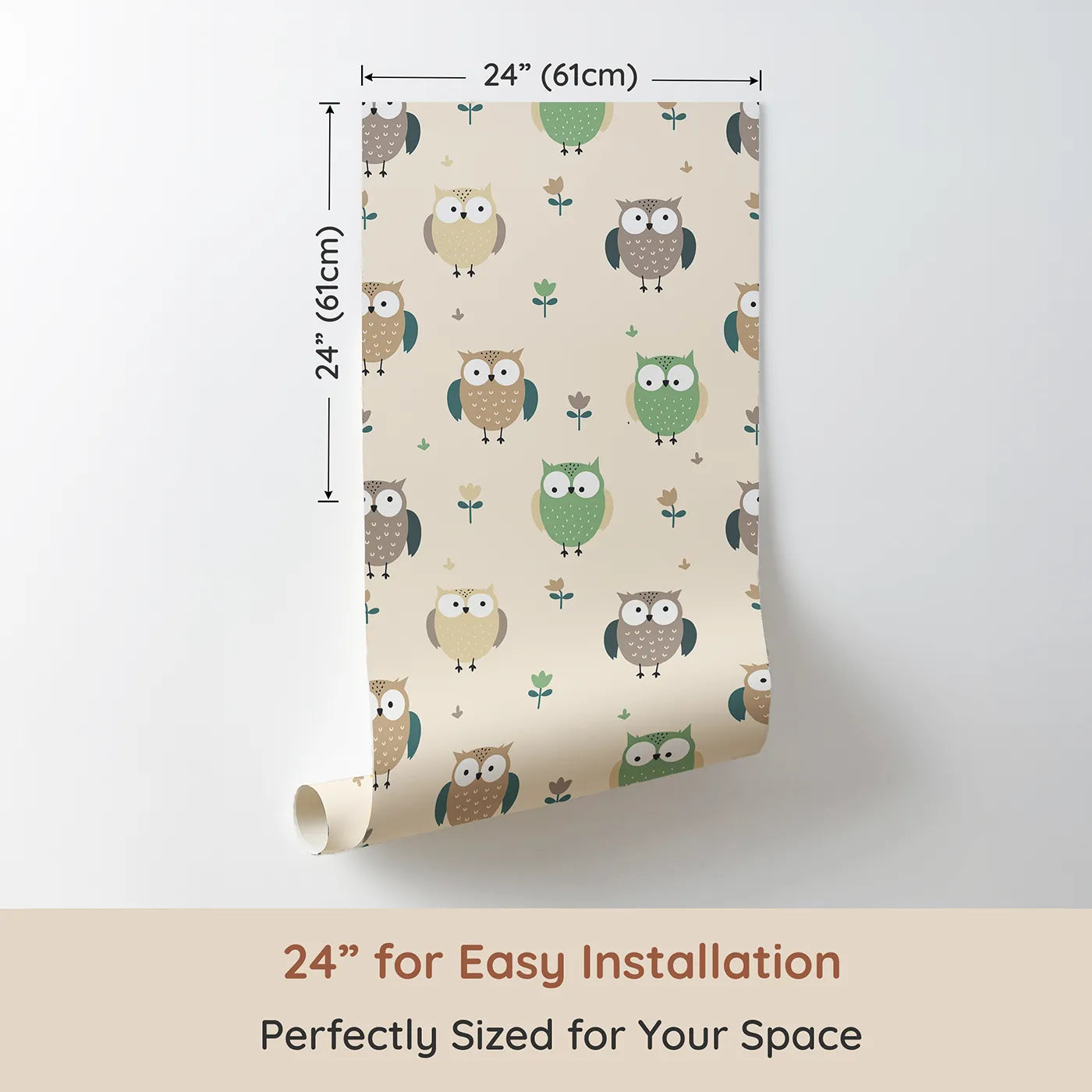 Dimension view of Whimsy Tots Gentle Owl Garden Wallpaper in Warm Cream (W3455C). Printed in 24-inch-wide panel for easy installation. Friendly owls and soft florals perch across a cozy cream sky.