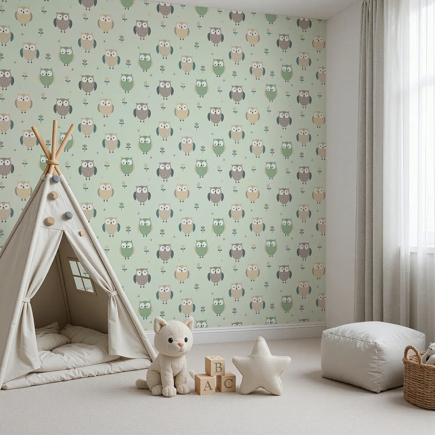 Angled view of Whimsy Tots' Gentle Owl Garden Wallpaper in Misty Green (W3455D).Sweet owls and leaves flutter across a soft green sky.
