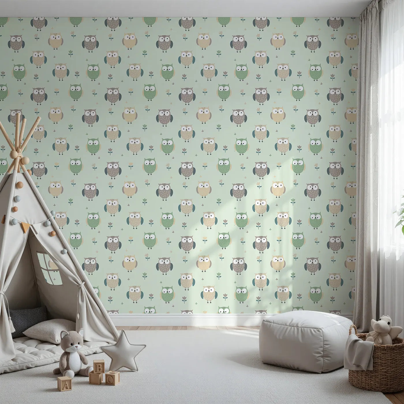 Front view of Whimsy Tots' Gentle Owl Garden Wallpaper in Misty Green