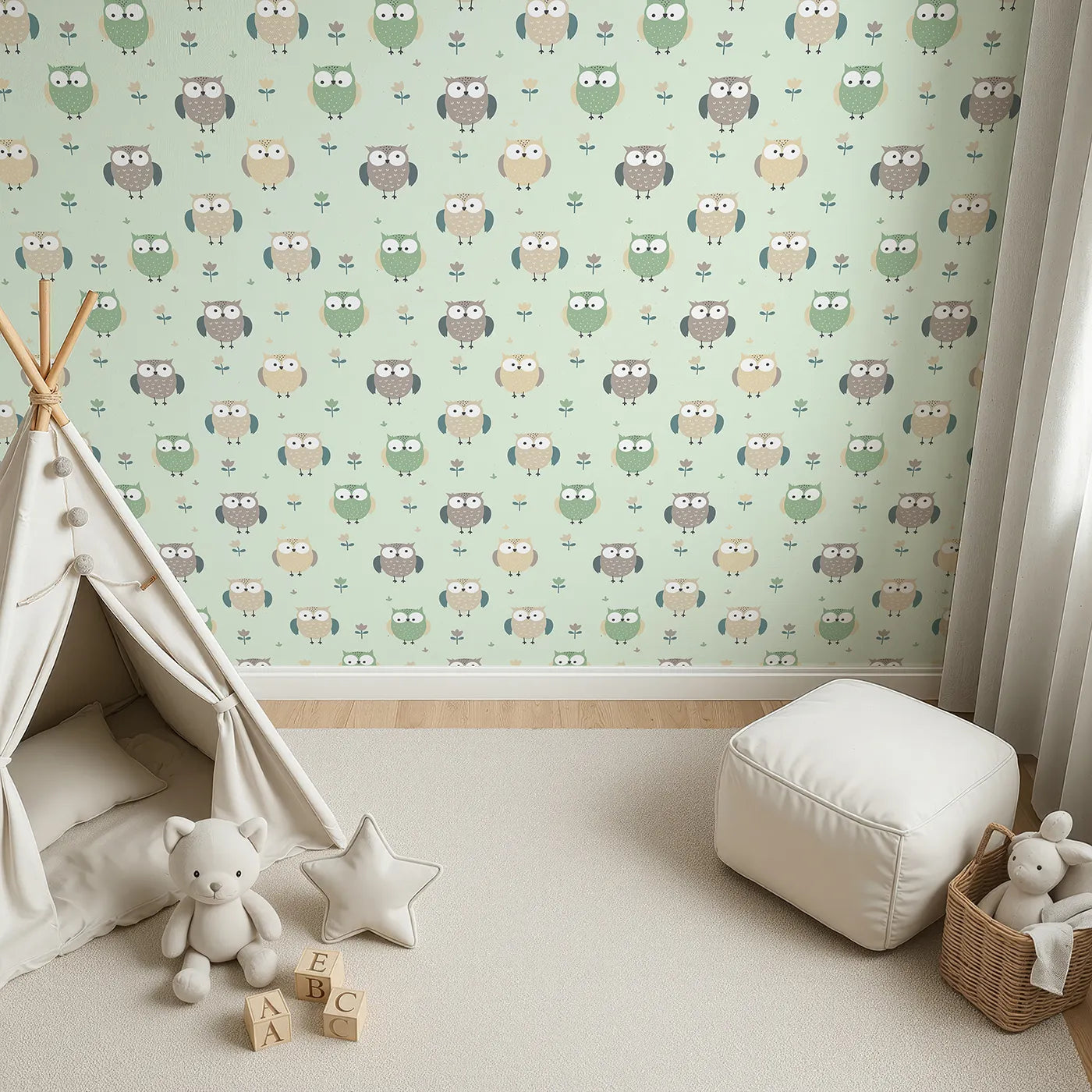Top-Down view of Whimsy Tots' Gentle Owl Garden Wallpaper in Misty Green (W3455D).Sweet owls and leaves flutter across a soft green sky.