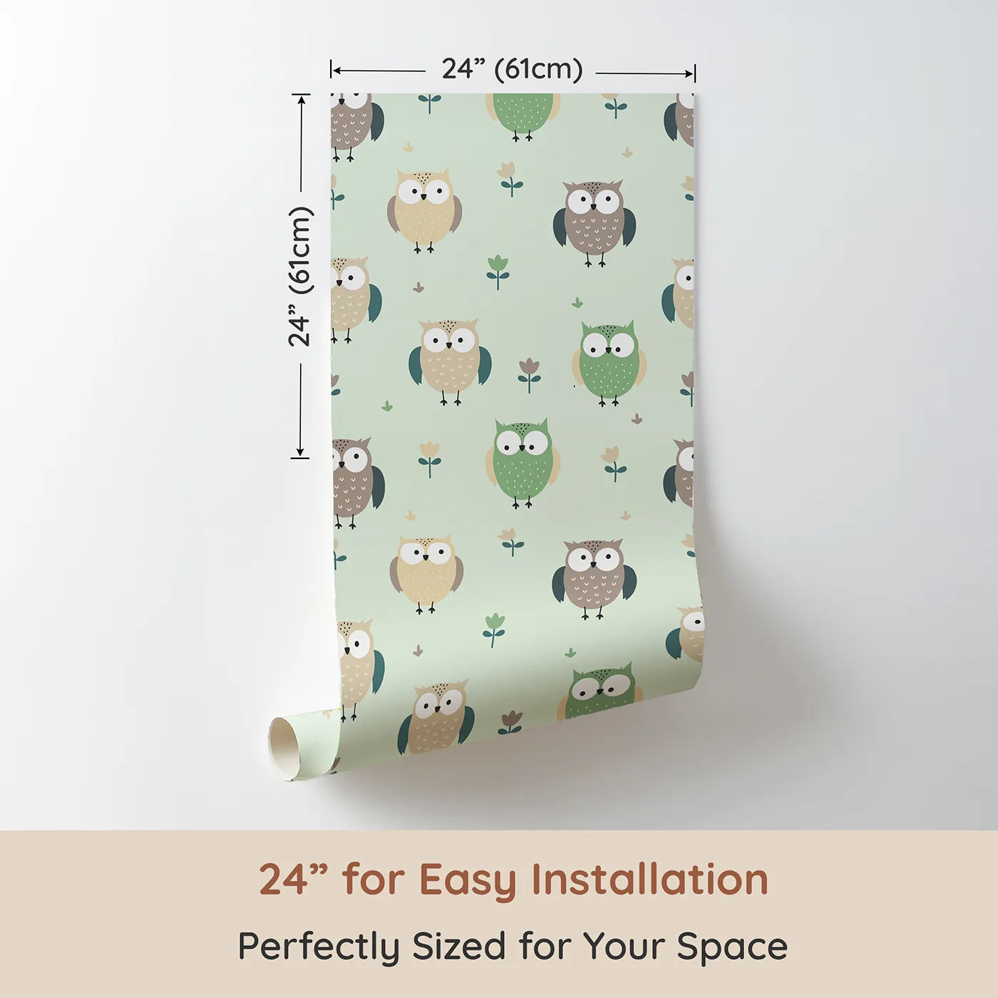 Dimension view of Whimsy Tots Gentle Owl Garden Wallpaper in Misty Green (W3455D). Printed in 24-inch-wide panel for easy installation. Sweet owls and leaves flutter across a soft green sky.