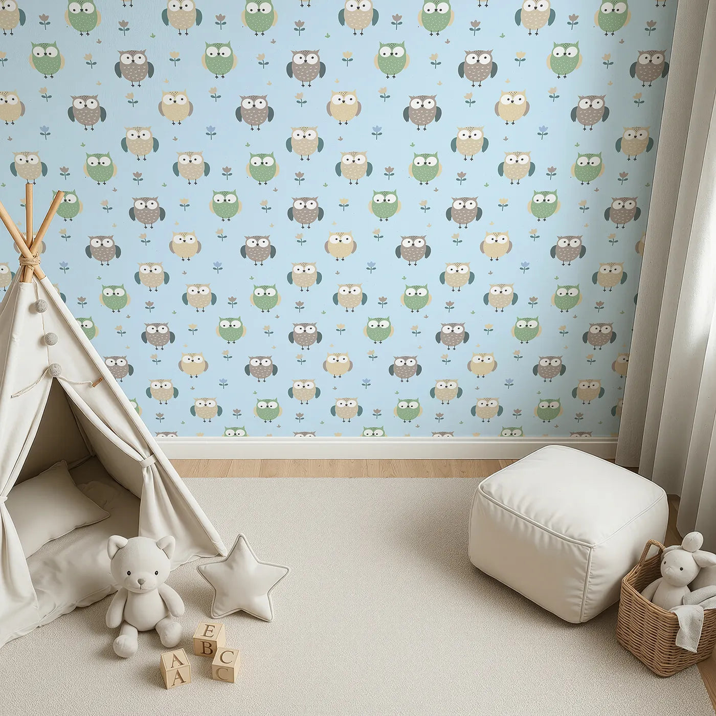 Top-Down view of Whimsy Tots' Gentle Owl Garden Wallpaper in Sky Blue (W3455E).Sweet owls perch quietly among blooms on a soft sky blue background.