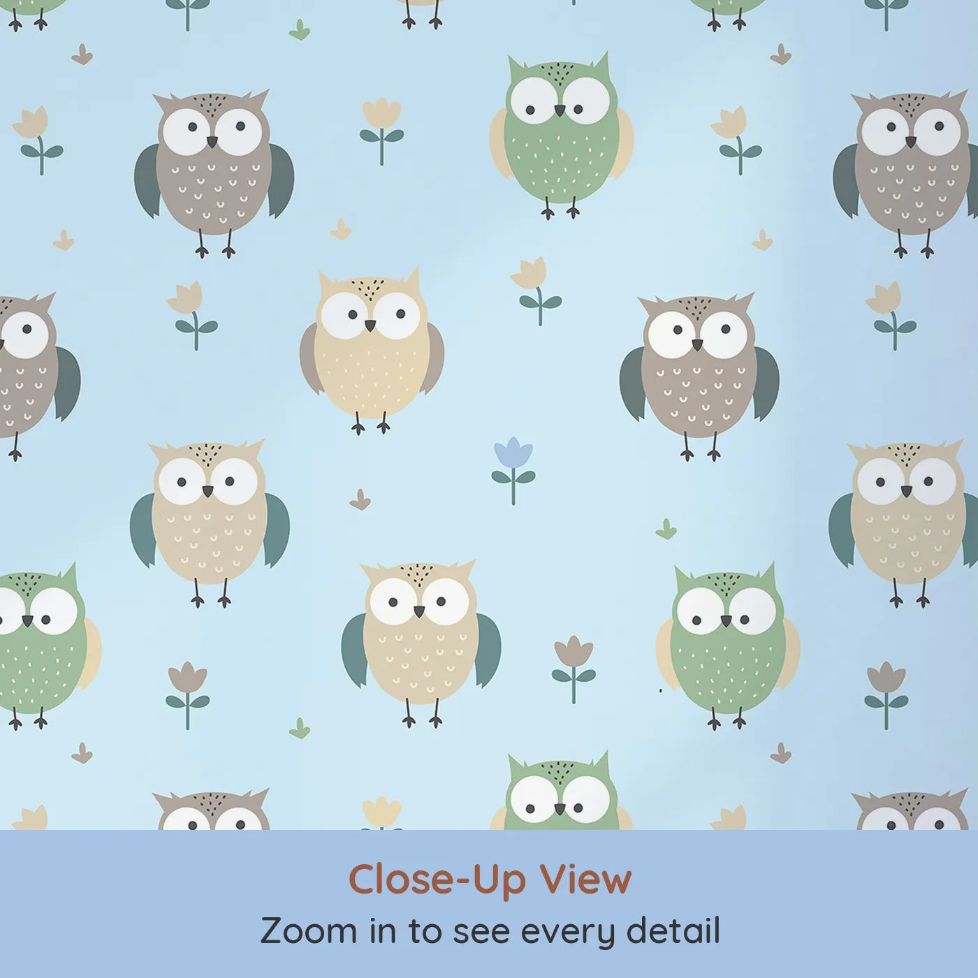 Close-up view of Whimsy Tots' Gentle Owl Garden Wallpaper in Sky Blue (W3455E).Sweet owls perch quietly among blooms on a soft sky blue background.