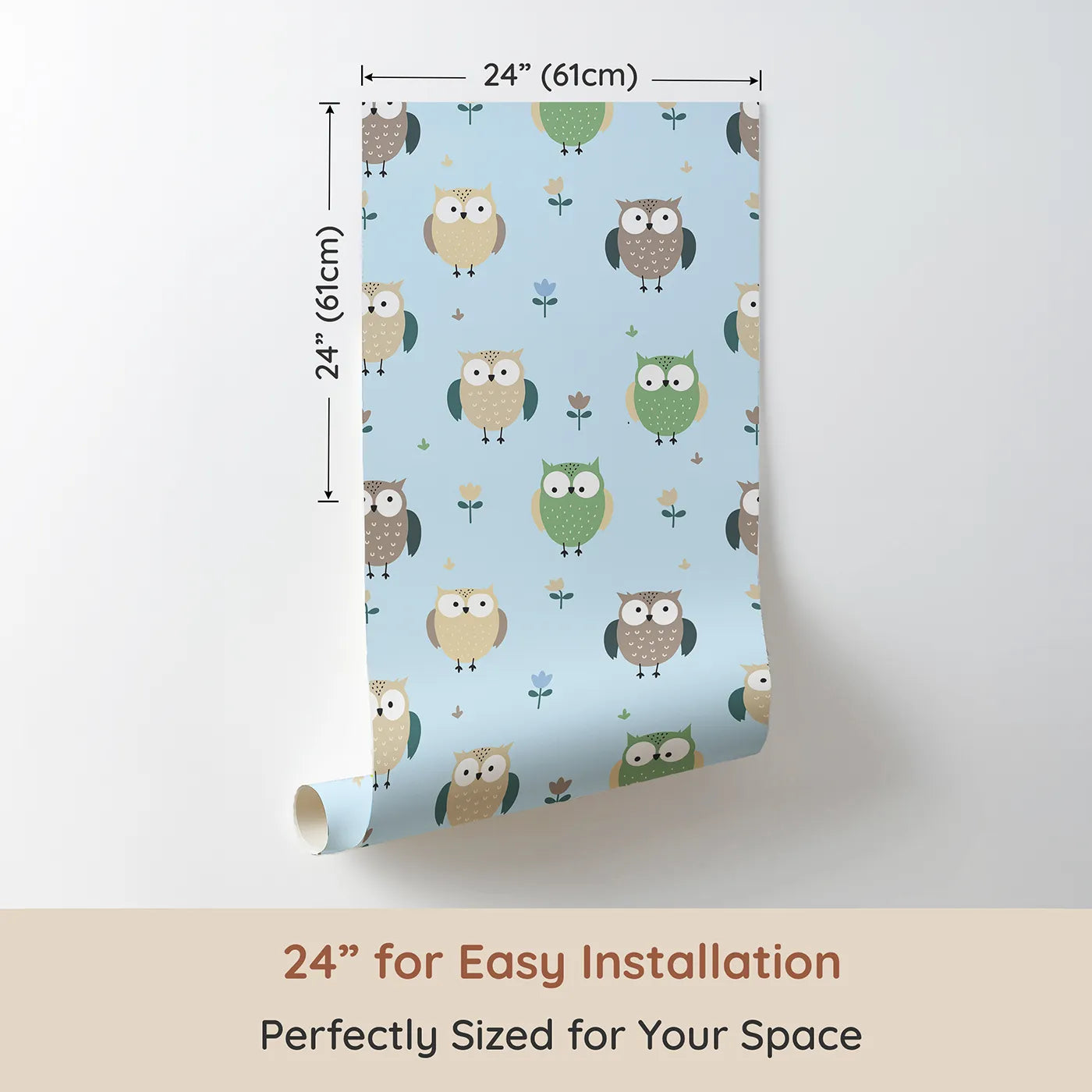 Dimension view of Whimsy Tots Gentle Owl Garden Wallpaper in Sky Blue (W3455E). Printed in 24-inch-wide panel for easy installation. Sweet owls perch quietly among blooms on a soft sky blue background.