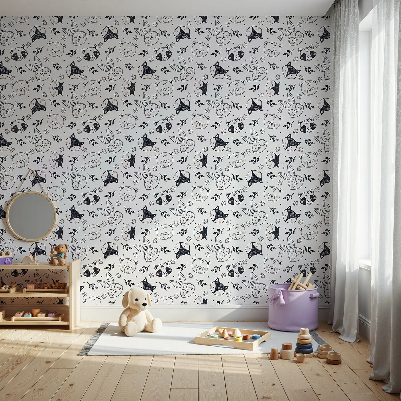 Front view of Whimsy Tots' Woodland Scribble Friends Wallpaper in Monochrome