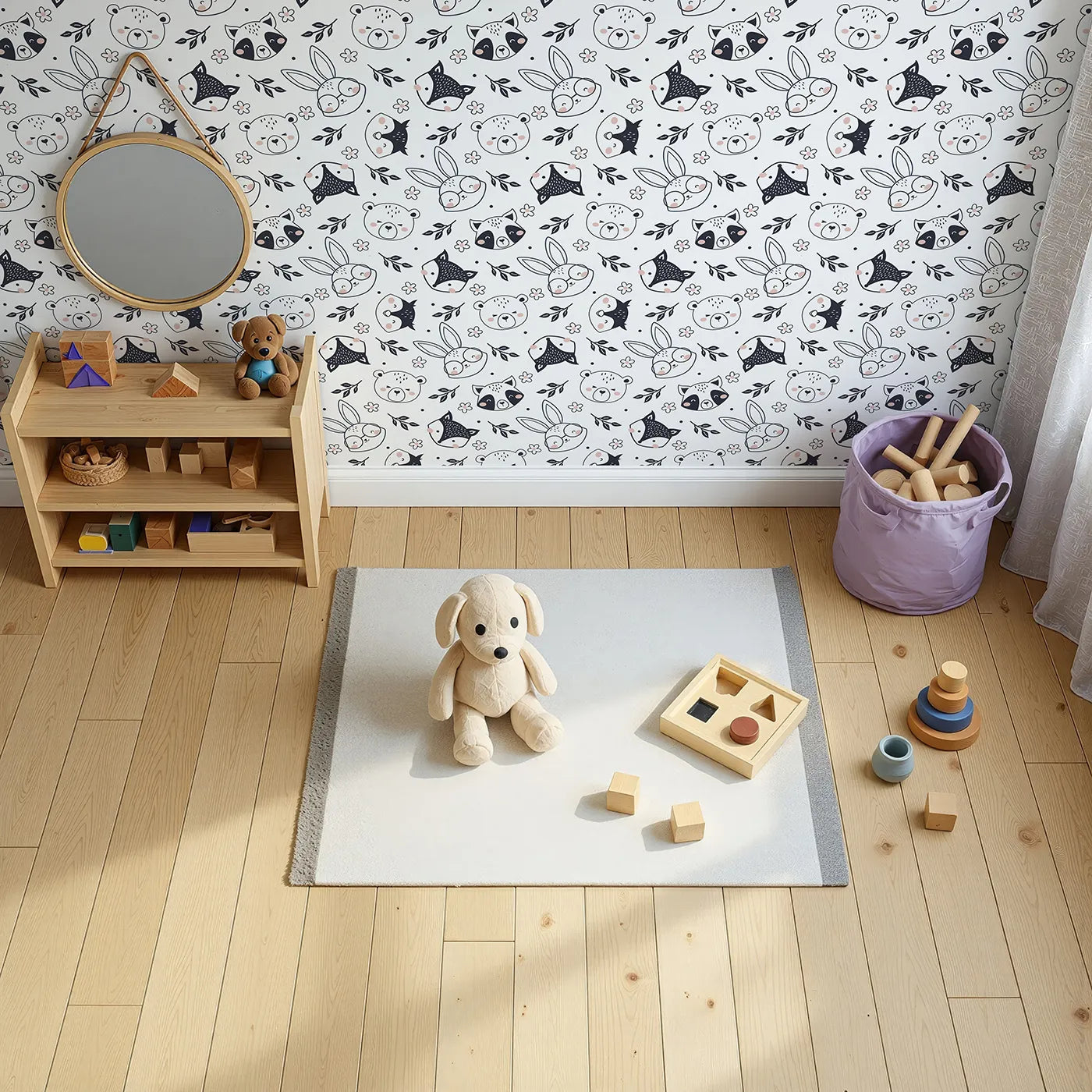Top-Down view of Whimsy Tots' Woodland Scribble Friends Wallpaper in Monochrome (W3456A).Playful woodland animals sketched in black and blush bring smiles to every corner.